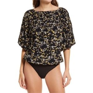 NWT Intimately Free People Dessa Floral Puff Sleeve Bodysuit Top Black M…